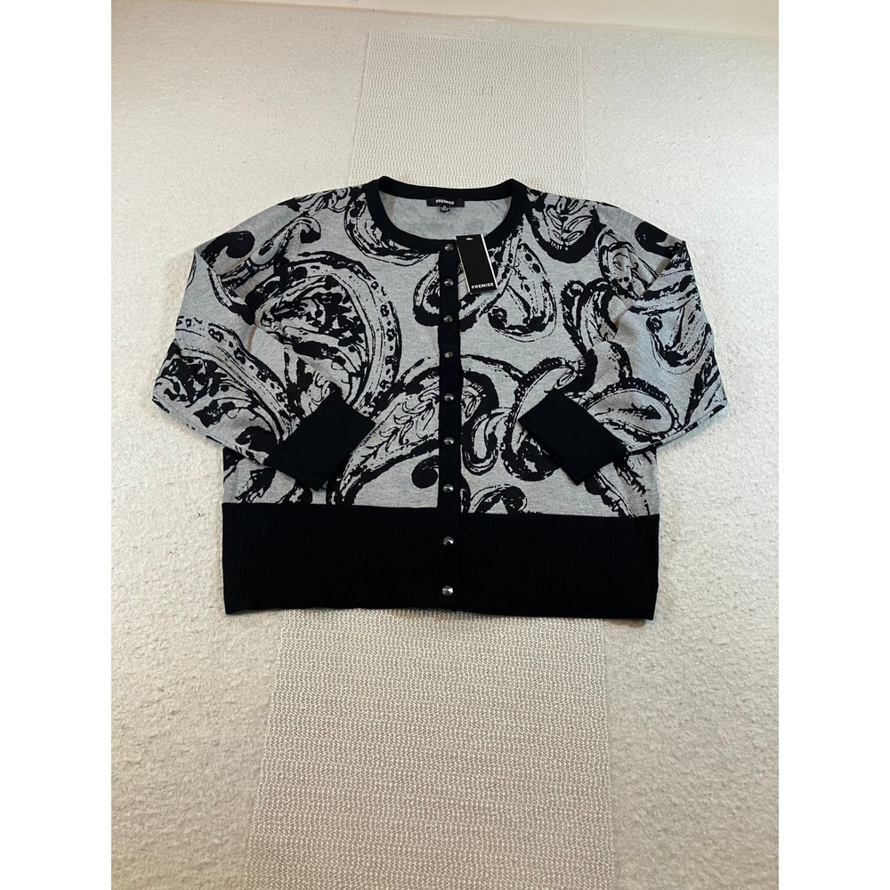 Premise NWT Womens XL Grey Black Paisley Full Snap Lightweight Cardigan Sweater